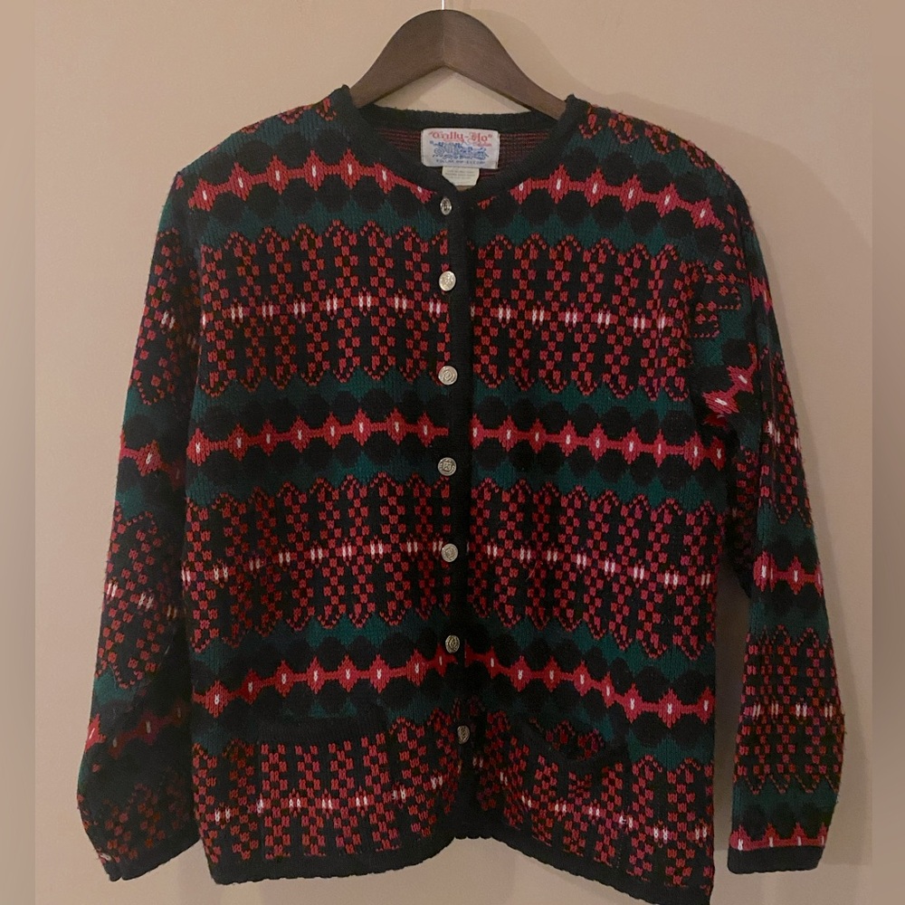 Cardigan Sweater Vintage Tally Ho Creations Silver button, Red Green women’s M